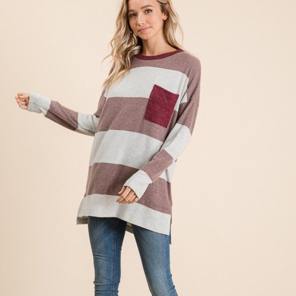 Wine Pocket Wide Striped Long Sleeved Tee